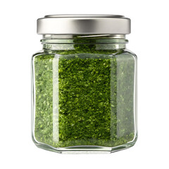 Glass jar filled with green herbs or spices and a metallic lid isolated on transparent background