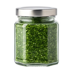 Glass jar filled with vibrant green seasoning or herbs with a shiny silver lid isolated on transparent background