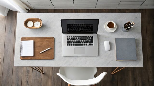 Minimalist Home Desk with Laptop, Coffee, and Notebook, Top View