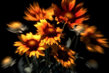 AI-generated illustration of sunflowers in warm light with blurred edges against a black background - Powered by Adobe