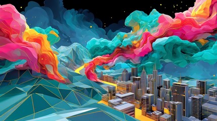 Geometric Dreamscape, vibrant isometric grid of teal and pink wireframe planes extending into space, defined by bold comic-style outlines, creating a surreal visual experience.