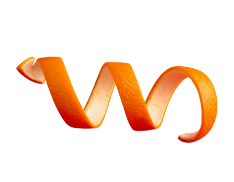 Floating Spiral of Fresh Orange Peel Against Vibrant Red Background PNG