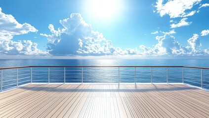 Obraz premium A serene view of the ocean under a bright blue sky, seen from a wooden deck with metal railings, reflecting sunlight on calm waters.