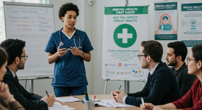 Medical professional leading a mental health seminar for diverse audience