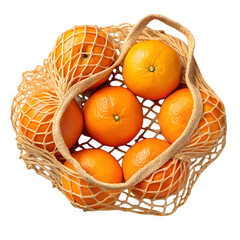 Fresh oranges packed in a reusable natural net bag isolated on transparent background