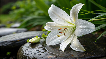 White lily with water droplets on dark wet stones flower