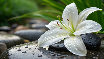 White lily with water droplets on dark stones flower 1