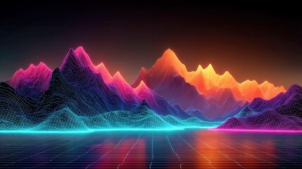 Luminous Sci-Fi Canyon, vibrant canyon with glowing pink and purple Z-shaped lines, dynamic grid-like sky horizon in motion, evoking a futuristic landscape.