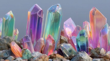 Neon Crystal Spires, jagged peaks of prism-like structures in radiant violet and teal, illuminating a low-poly landscape with vibrant, ethereal brilliance.