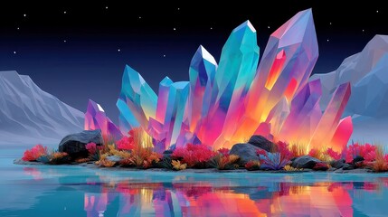 Neon Crystal Spires, vibrant jagged peaks of prism-like structures in glowing violet and teal, radiating a captivating low-poly brilliance in a futuristic landscape.