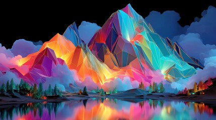 Neon Crystal Spires, striking jagged peaks of vibrant violet and teal, radiate a mesmerizing glow, showcasing intricate wireframe designs in a captivating low-poly landscape.