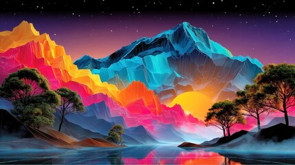 Neon Grid Canyon, a vibrant wireframe landscape with striking pink and teal peaks illuminated against a deep purple twilight, capturing the essence of retro 80s aesthetics.