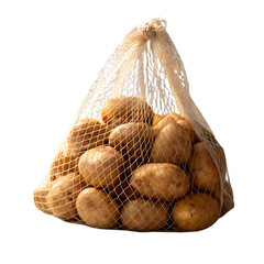 A mesh bag filled with fresh raw potatoes is displayed isolated on a transparent background isolated on transparent background