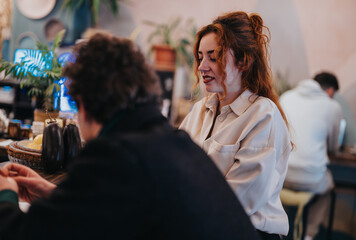 Warm atmosphere in a cafe, where a cheerful barista interacts with patrons amid lush plants.