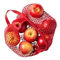 Fresh red apples in a reusable red mesh shopping bag isolated on transparent background