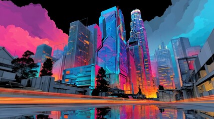 Vibrant Pop Art Skyline, a dynamic urban landscape featuring glowing magenta and turquoise wireframes, enhanced with bold comic-style shadows and geometric shapes.