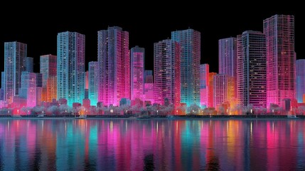Vibrant Urban Wireframe, a dynamic city skyline crafted from luminous magenta and turquoise outlines, featuring bold comic-style shadows and geometric shapes.