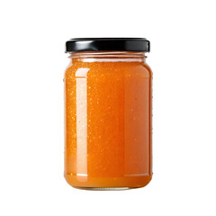 Glass jar filled with bright orange textured jam or spread with a black lid isolated on transparent background