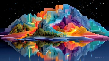 Neon Prism Peaks, vibrant voxel mountains with geometric shapes, illuminated edges in teal and purple, set against a flat horizon.