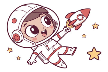 Vector cute Baby Girl cartoon character dressed as a little astronaut floating in space isolated on white background