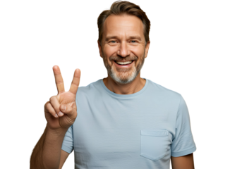A man giving a peace sign and smiling brightly on transparent background 