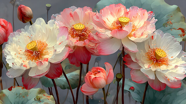 Lotus flowers in soft pink and white tones on a light gray background, HD realistic