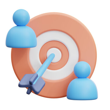 3D target icon with people representing audience segmentation, marketing focus, and customer targeting