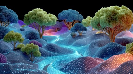 Retrofuturistic Terrain, vibrant stylized landscape with glowing electric blue and fuchsia hues, geometric trees, accented by neon flares, creating a surreal visual experience.
