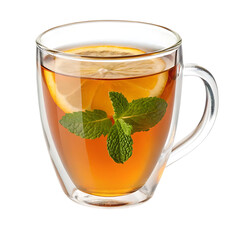 Refreshing hot tea with a slice of lemon and fresh mint leaves in a clear glass cup isolated on transparent background