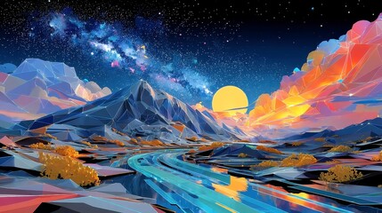 Starlit Geometric Crater Landscape, an otherworldly terrain of glowing wireframe dips under a vast expanse of twinkling stars, evoking a futuristic lunar atmosphere.