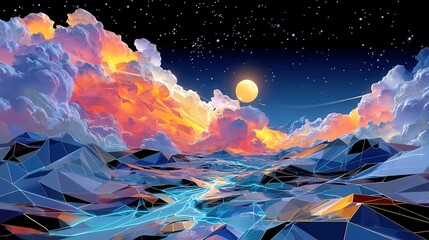 Starlit Wireframe Craters, a neon landscape of moonlike terrain featuring geometric dips and radiant lines, set against a deep, starry sky.