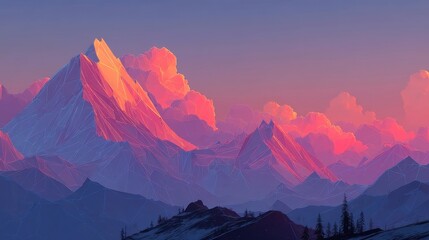 Synthwave Peaks, vibrant teal mountains with glowing wireframes, neon reflections shimmering on surfaces, geometric clouds drifting above in a surreal landscape.
