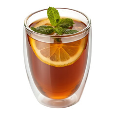 Refreshing iced tea with lemon slice and mint leaves in a double walled glass isolated on transparent background