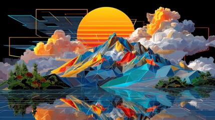 Synthwave Horizon Peaks, vibrant teal mountains with glowing wireframe outlines, shimmering neon reflections, and floating geometric clouds in a retro-futuristic landscape.