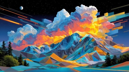 Synthwave Peaks, vivid teal mountains framed by glowing wireframes, neon reflections shimmering on surfaces, and geometric clouds drifting in an electric sky.