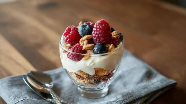 Berry parfait delight: Layered parfait showcasing fresh berries, creamy yogurt, and crunchy granola, a nutritious and visually appealing treat.