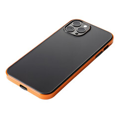 Modern smartphone with a sleek black finish and vibrant orange bumper isolated on transparent background