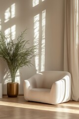 Modern white armchair in bright room with natural light and plant in pot