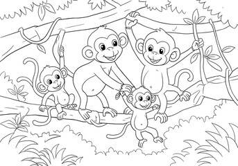 Playful Monkeys Swinging in the Jungle – Fun cartoon illustration of happy monkey family interacting on tree branches in a tropical forest, ideal for children’s coloring books, educational materials, 