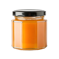 Glass jar filled with golden orange liquid and a black lid isolated on transparent background