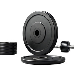 Black weight plates and barbell weights arranged on a concrete surface isolated on transparent background