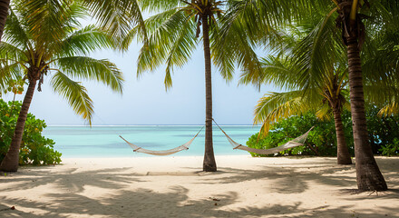 A serene beach scene featuring palm trees, hammocks, and turquoise ocean water.