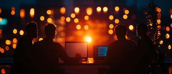 Silhouettes of people working on laptops against a glowing city backdrop.