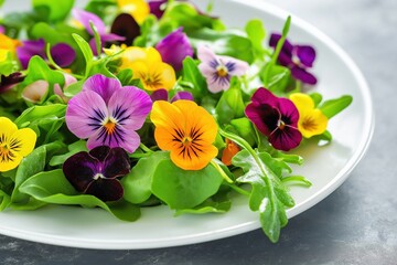 Delicate salad with vibrant edible flowers, colorful pansies, golden marigolds, pink nasturtiums, green leaves