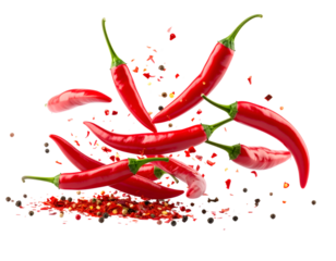 Red chili peppers: Capturing the fiery allure of fresh, vibrant red chili peppers. A visually stunning composition of chili peppers, pepper flakes, and peppercorns.