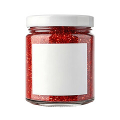 Glass jar filled with sparkling red glitter and a white label isolated on transparent background