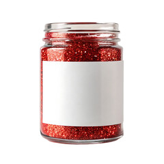 Glass jar filled with sparkling red glitter isolated on transparent background