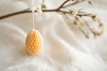 Hanging decorative egg on thin branch decorated with white flowers