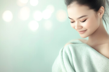Smiling woman with soft skin, delicate expression, pastel background, calm atmosphere, beautiful portrait