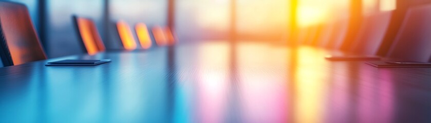 Blurred conference table with colorful reflections and modern design.